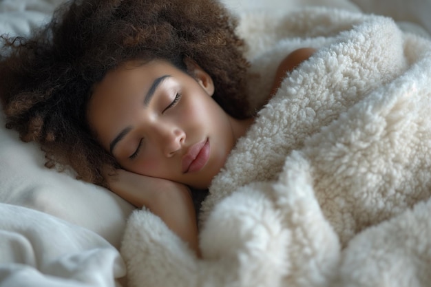 Vrouw die vreedzaam in bed slaapt, omhuld door een luxe witte pluizige deken.