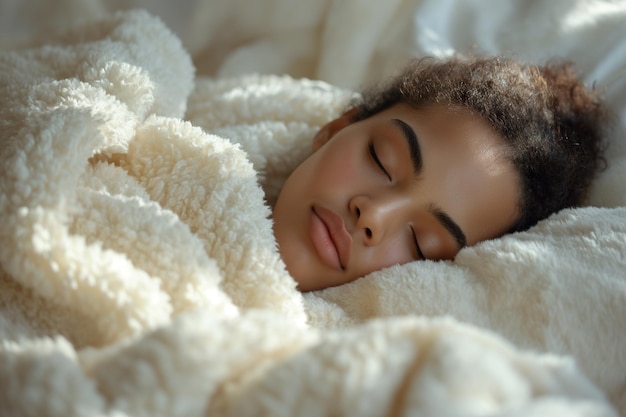 Vrouw die vreedzaam in bed slaapt, omhuld door een luxe witte pluizige deken.