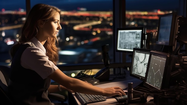 Vrouw die werkt als luchtverkeersleider in de verkeerstoren van de luchthaven