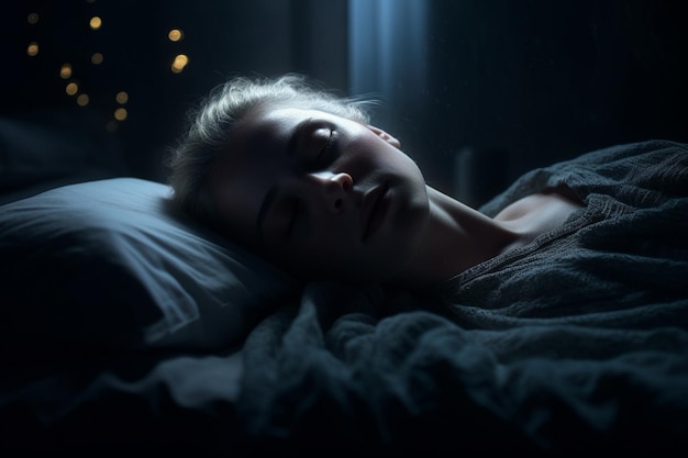 Vrouw die worstelt met slapeloosheid en slaapverlamming in bednachtmerries Generatieve Ai