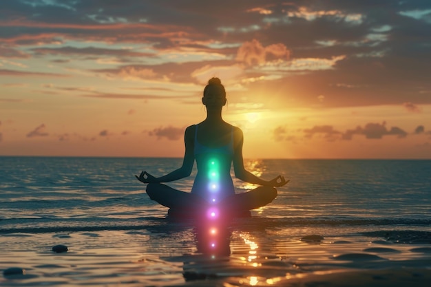 Vrouw die yoga beoefent op het strand bij zonsondergang met gloeiende chakra's