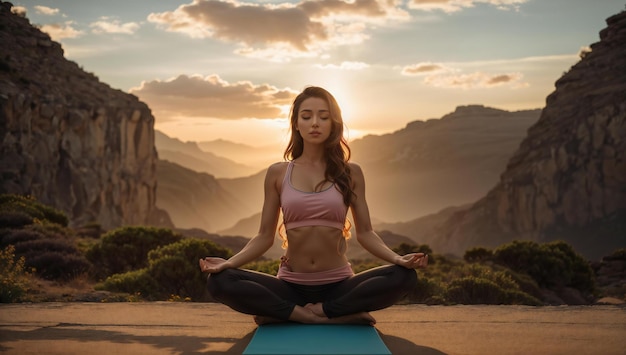 vrouw die yoga beoefent voor een berg met bergen op de achtergrond