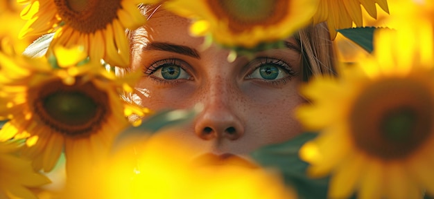 Vrouw die zich achter zonnebloemen verbergt Onzichtbare of verborgen handicapconcepten