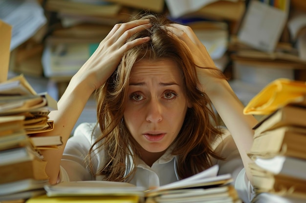 Foto vrouw die zich overweldigd voelt op haar werk