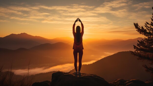 Vrouw die zich strekt met zonsopgang op de achtergrond