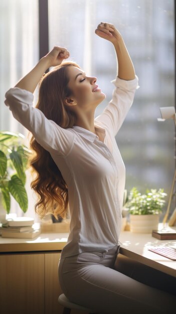 Vrouw die zich uitstrekt aan het bureau met zonlicht dat binnenstroomt