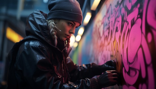 Vrouw doet cyberpunk-graffitikunst met spuitverf op straat
