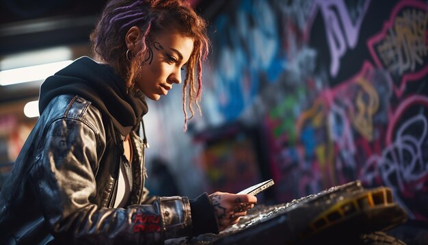 Foto vrouw doet cyberpunk-graffitikunst met spuitverf op straat