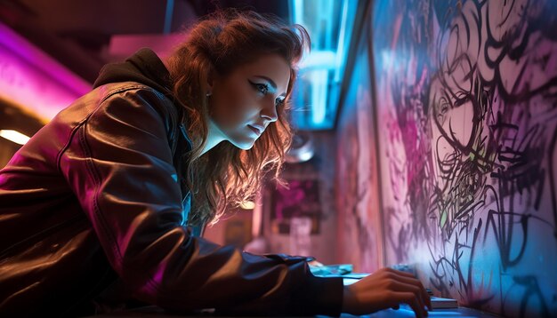 Vrouw doet cyberpunk-graffitikunst met spuitverf op straat