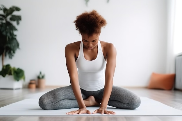 Vrouw doet een yoga-houding op een mat binnen bij homexAillustration Ai generative