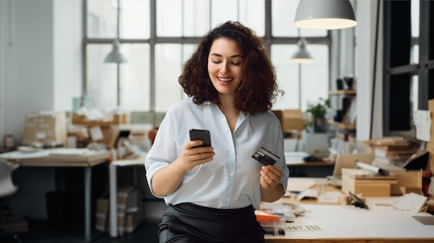 Vrouw doet online aankopen Meisje doet boodschappen met telefoon en creditcard thuis