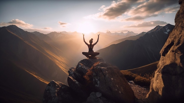 Vrouw doet yoga bovenop een berg bij zonsondergang