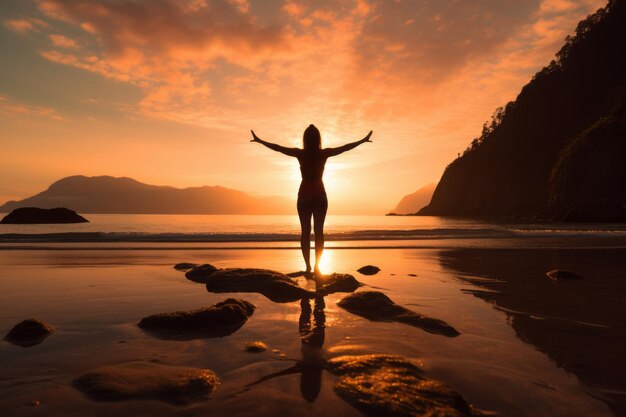 Foto vrouw doet yoga op een rustig strand generatieve ai