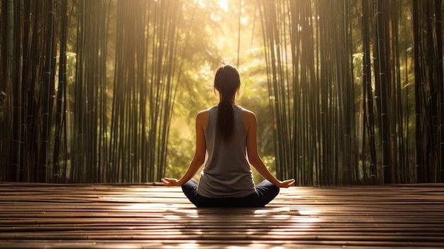 Vrouw doet yoga op het bamboepad en de zon met heldere lichtstralen die prachtig door de bomen schijnen