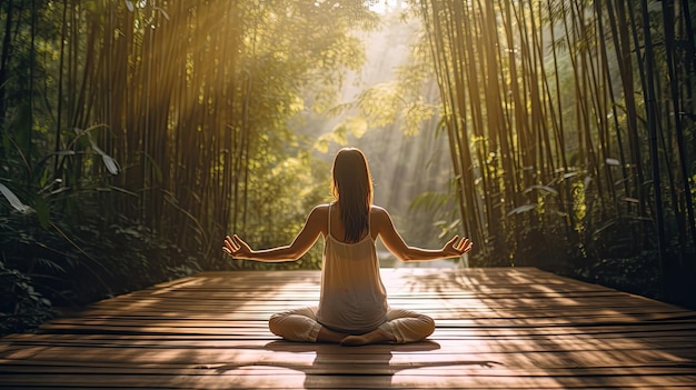 Vrouw doet yoga op het bamboepad