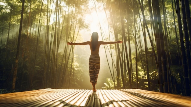 Vrouw doet yoga op het bamboepad