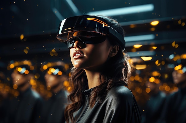 Vrouw draagt een virtual reality bril of VR en speelt