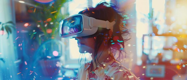 Vrouw draagt een Virtual Reality Headset thuis Betreedt digitale online 3D-wereld met avatars Next Generation Immersive Social Media Online Metaverse Platform