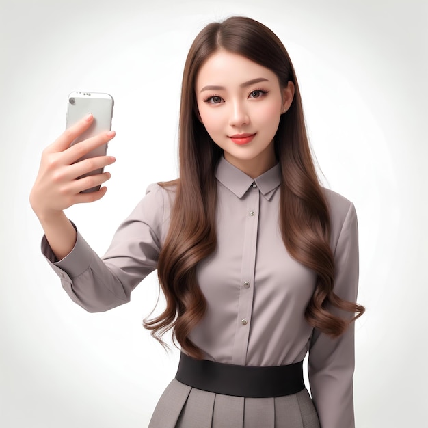 Vrouw draagt Koreaanse mode kleding stijl en met behulp van smartphone selfie met AI gegenereerd