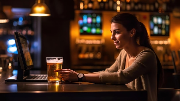 Vrouw drinkt bier uit een glas in een bar met een laptop voor haar