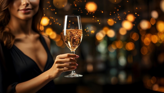Vrouw drinkt een toast met feestelijke champagne op een evenement of feestje met vrienden wijn voor succes