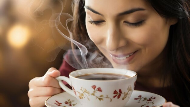 Vrouw drinkt koffie van dichtbij.