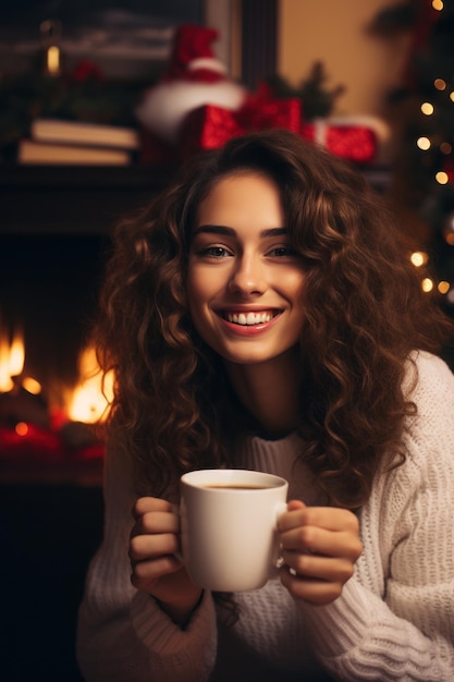 Vrouw drinkt warme koffie bij de open haard in een met Kerstmis versierde kamer