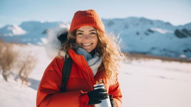 Vrouw drinkt warme thee met een vacuümflas in het winterpark Dranken om zich te verwarmen in sneeuwig bevroren weer buiten tijdens een wandeling