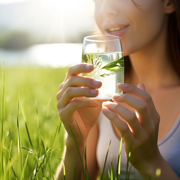 Vrouw drinkwater uit een glas in een grasveld