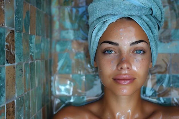 Vrouw droogt haar met blauwe handdoek