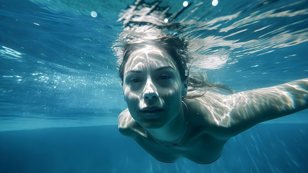 Vrouw duiken onderwater zwemmen in het zwembad Watersportactiviteit Concept van sport, gezonde levensstijl, zwemmen en aquatische fotografie Generatieve ai