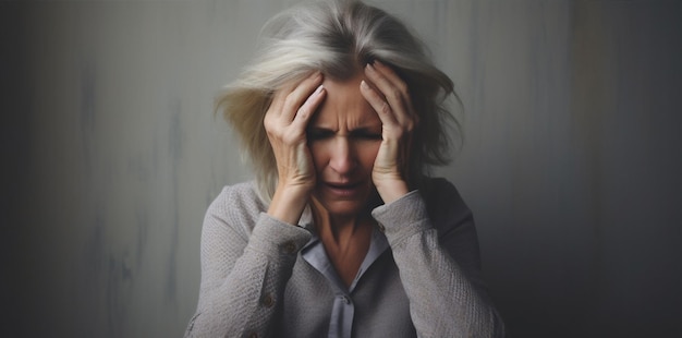 Vrouw een stress volwassen leeftijd oud binnenshuis zitten pijn senior verdrietig persoon bejaarden hoofd