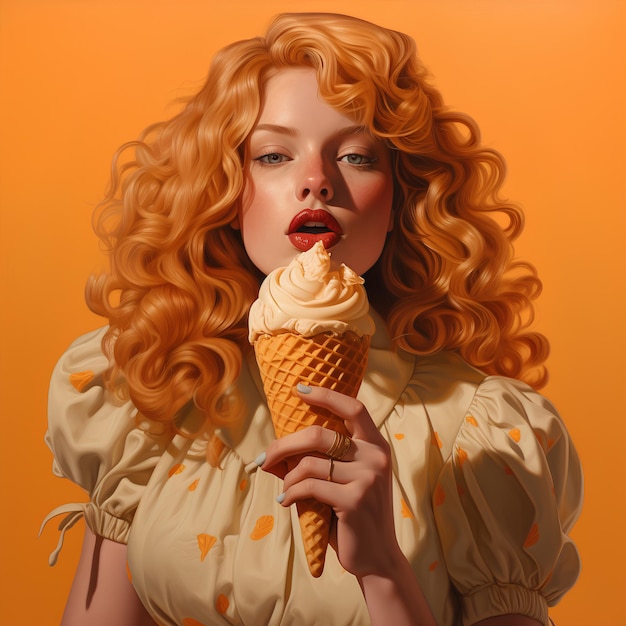 Vrouw eet ijs gesandwiched in een kegel met oranje achtergrond