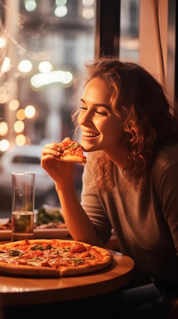 Vrouw eet met mes en vork een pizza Margherita met mozzarella tomaten en basilicum Generatieve AI