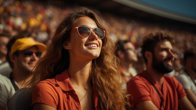 Vrouw en andere mensen in het stadion juichen voor hun team Fans verheugen zich over de overwinning