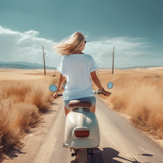 vrouw en de scooter die een blanco wit t-shirt dragen