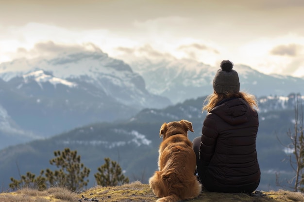 Vrouw en haar hond genieten samen van het uitzicht op de bergen