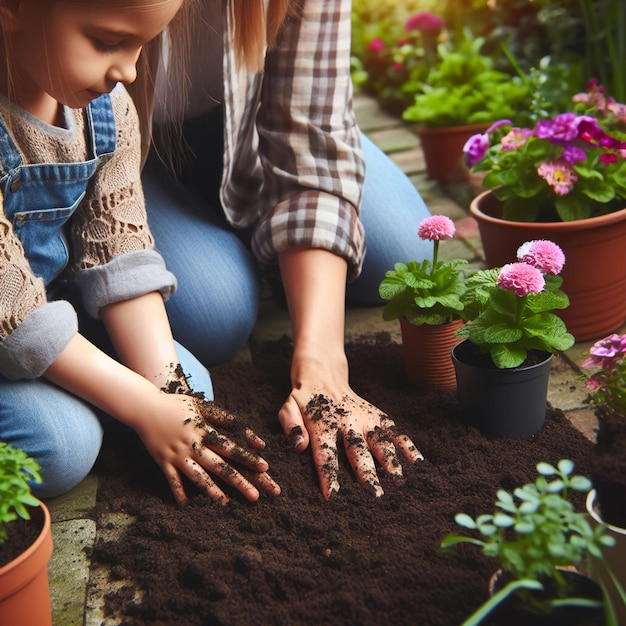 Vrouw en haar kind planten bloemen in een tuin.