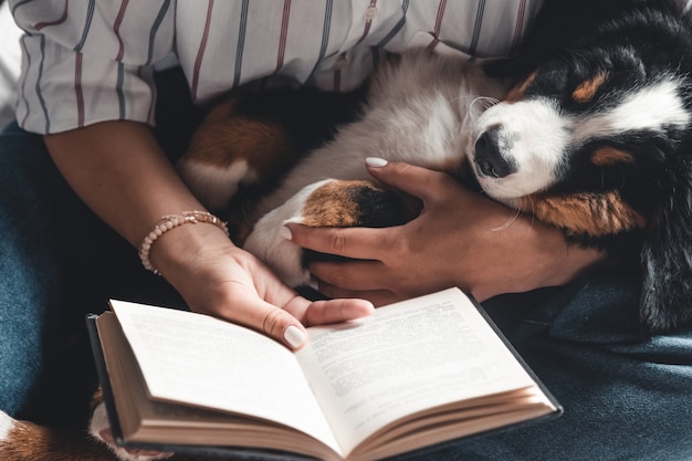 Vrouw en hond levensstijlbeeld. Berner Sennenhond slaapt in zijn armen.