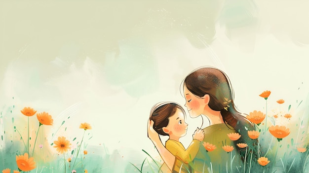 Vrouw en kind te midden van bloemen lichte achtergrond voor Moedersdag
