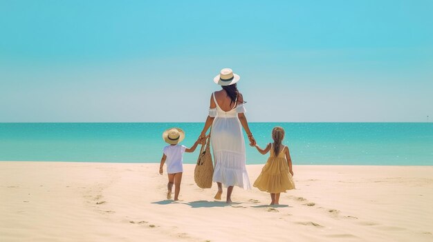 vrouw en kinderen op het strand op zee reizen en vakantie