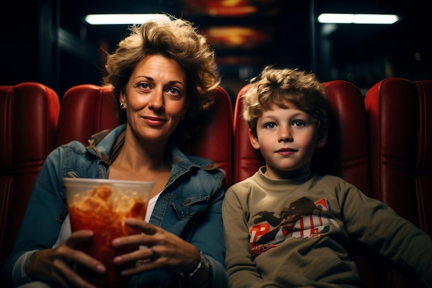 Foto vrouw en kleinzoon in cinema ai