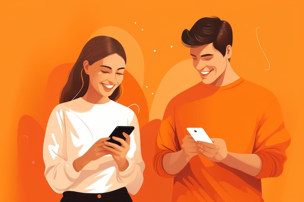 Vrouw en man met telefoon op oranje achtergrond