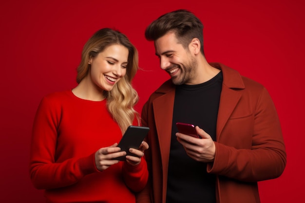 Vrouw en man met telefoon op rode achtergrond