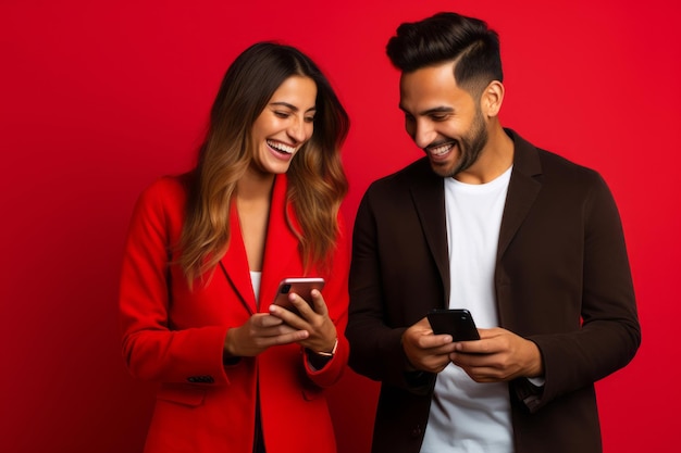 Vrouw en man met telefoon op rode achtergrond