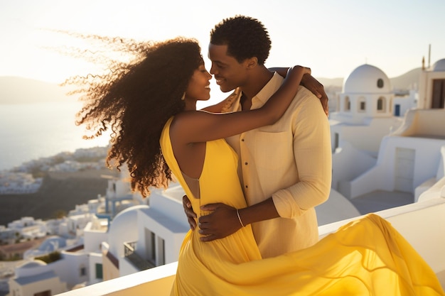 vrouw en man op een wit terras in Santorini Griekenland huwelijksreis koppel van geliefden romantische sfeer