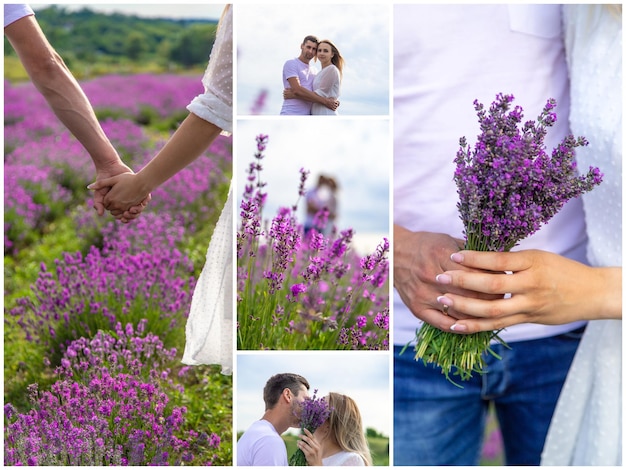 Vrouw en man samen in een lavendelveldcollage Selectieve focus