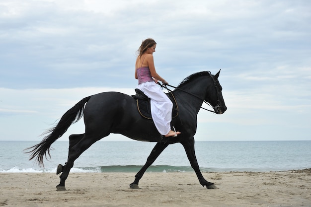 Vrouw en paard op het strand