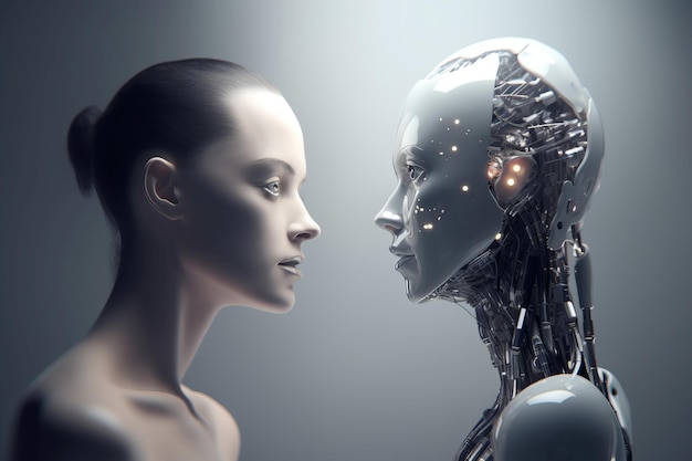 Vrouw en robot kijken naar elkaar Vrouw ontmoet cybernetische humanoïde terminator Generate ai