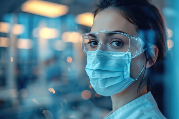 Vrouw ervaren arts chirurg epidemioloog in beschermend masker en bril Wetenschapper onderzoeker in een laboratorium Closeup van portret dubbele blootstelling